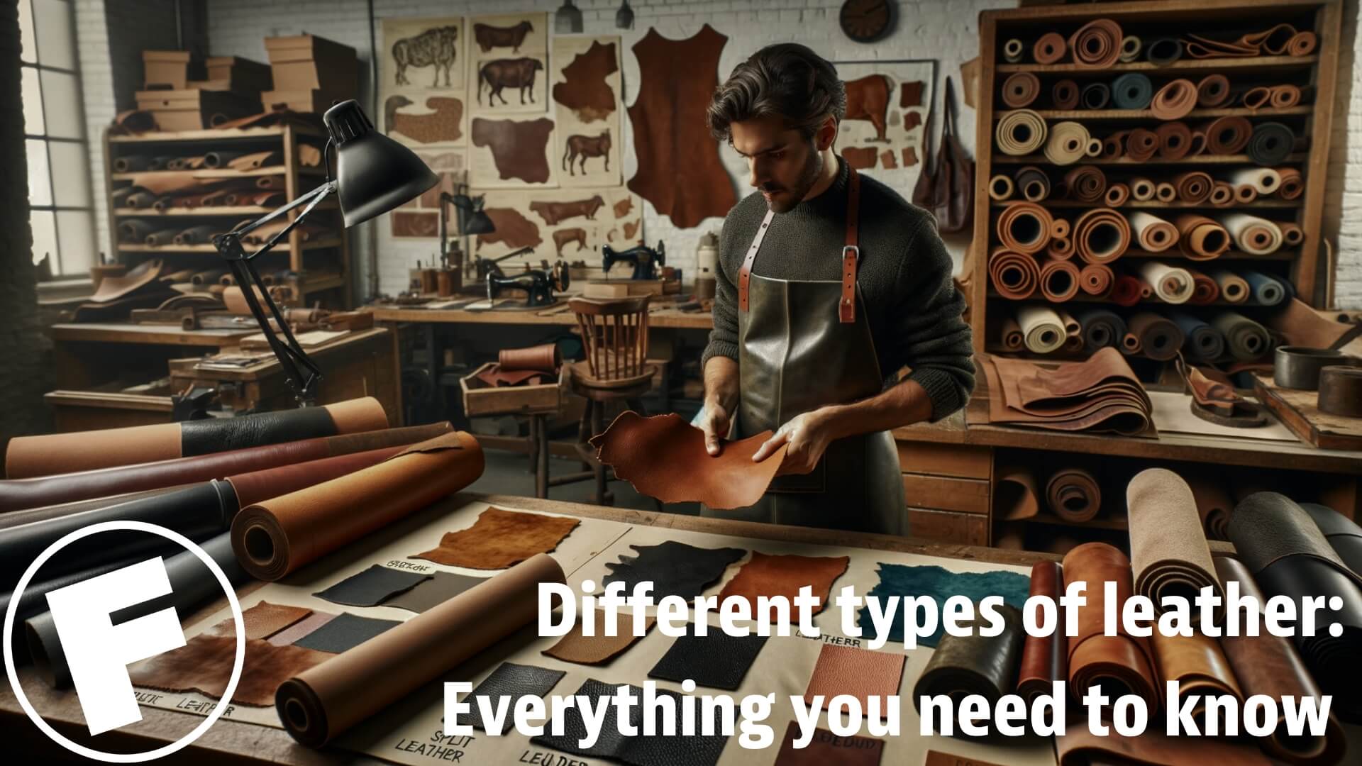 a man examing many different types of leather in a workshop