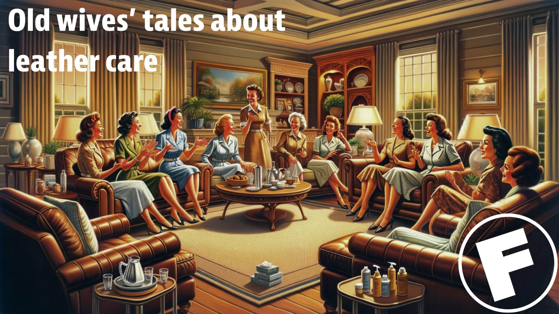 a large group of 50s housewives gossiping about leather care