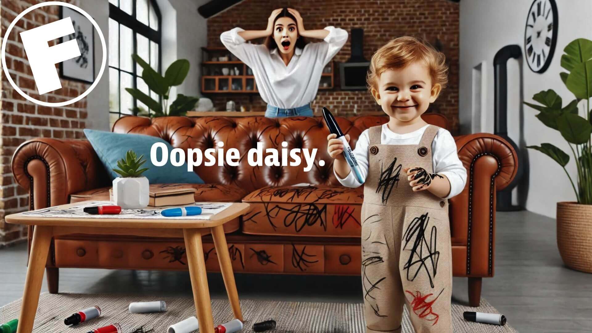 a cheeky toddler has made a mess of the sofa--and herself--with permanent markers