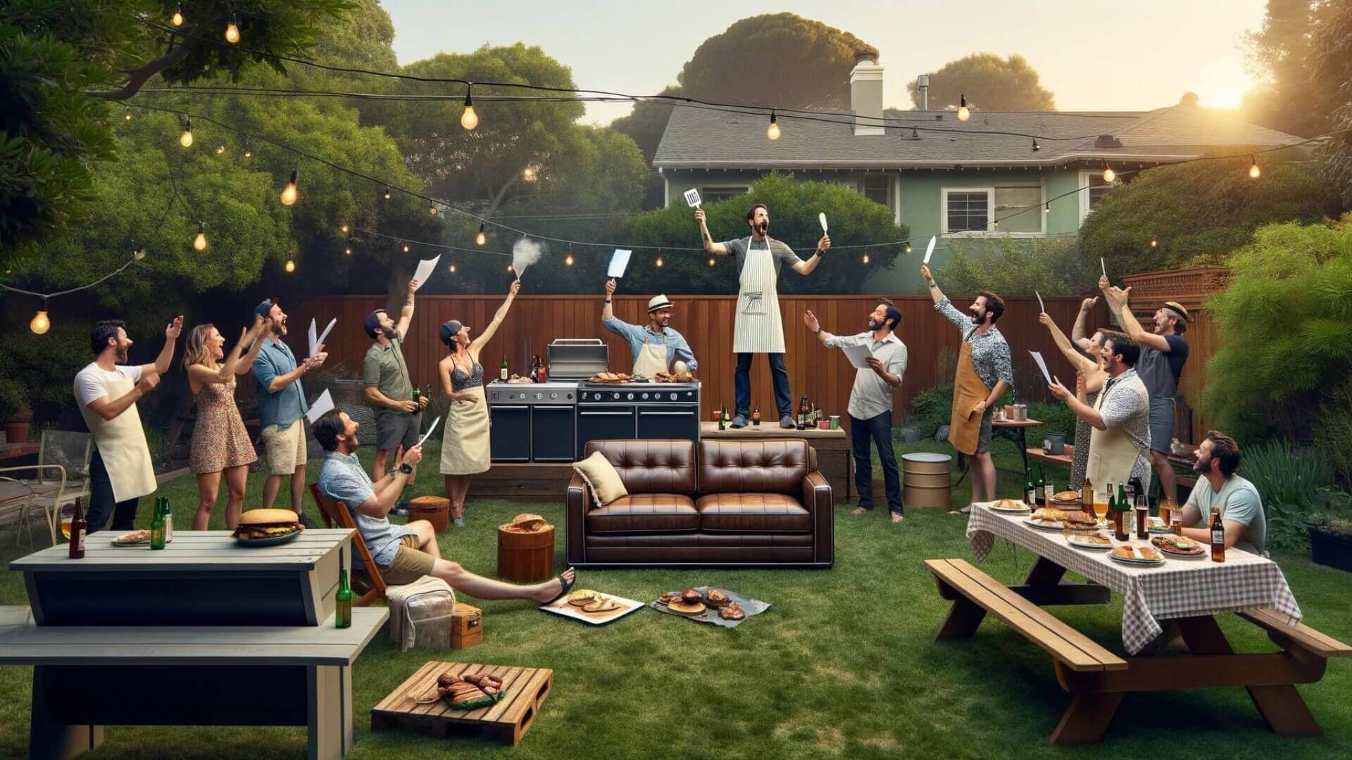 people at a backyard barbecue bidding for the chance to destroy the leather couch that is up for auction