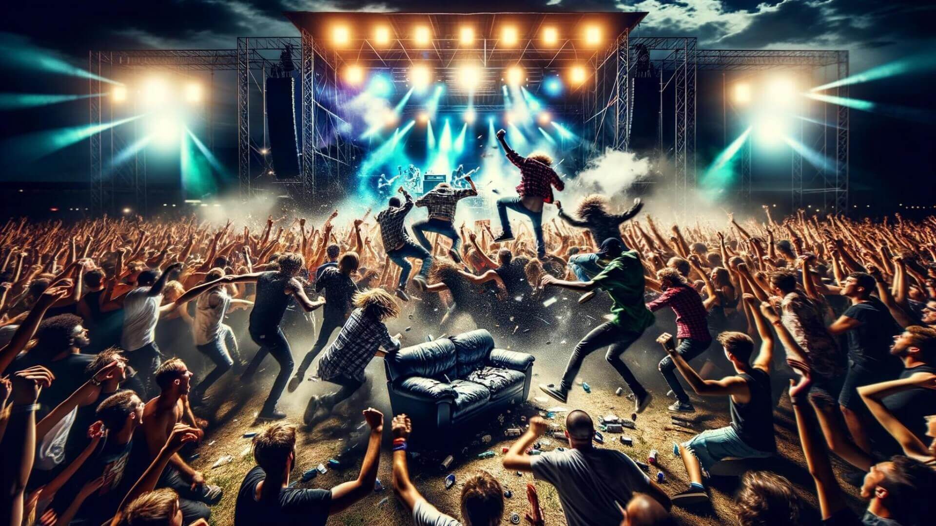 a rowdy rock concert with a leather couch being destroyed in the middle of the mosh pit